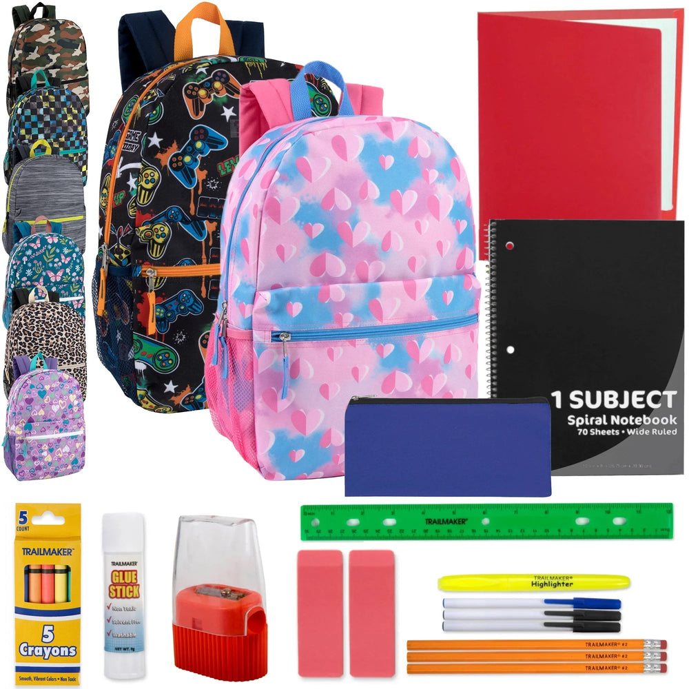 17-Inch Printed Backpack Side Mesh Pockets & 20-Piece School Supplies Kit - 8 Prints