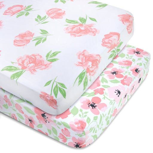 Baby Crib Mattress Fitted Sheets 2-Pack - Floral Pink