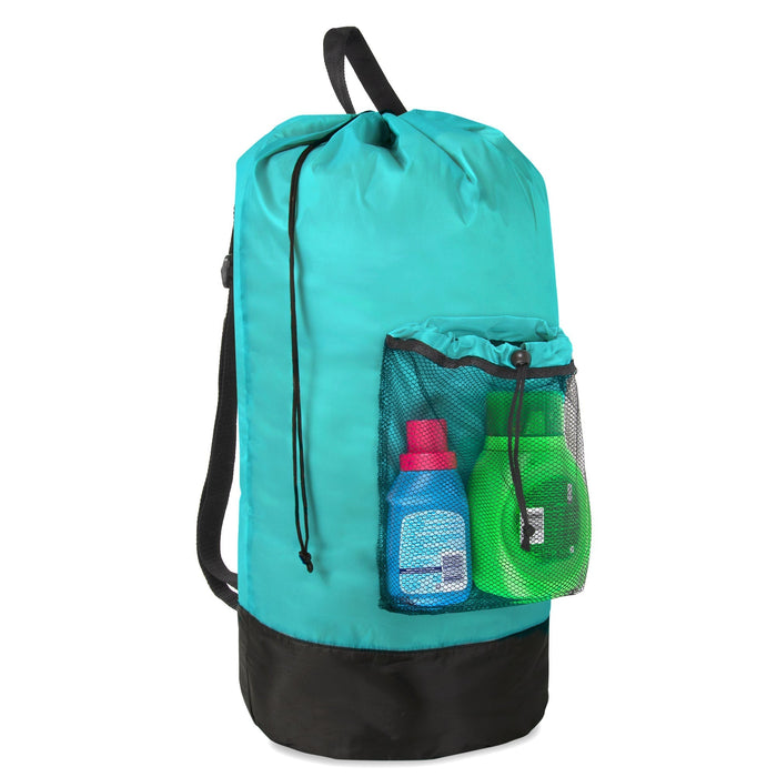 Laundry Bag Backpack with Front Mesh Pocket - Turquoise