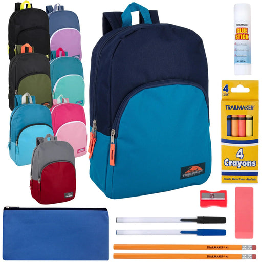 15-inch Backpack with 12-Piece School Supplies Kit - 8 Colors