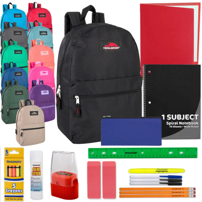 17-Inch Classic Backpack with 20-Piece School Supply Kit - 12 Colors