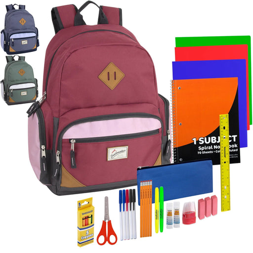 19" Duo Compartment Backpack with 30-Piece School Supply Kit - 3 Colors