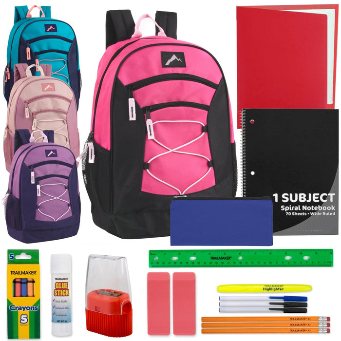 18" Multi-Pocket Bungee Backpack with 20-Piece School Supply Kit - 4 Girls Colors