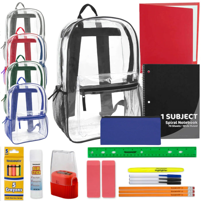 17-Inch Classic Clear Backpack with 20-Piece School Supply Kit - 5 Colors