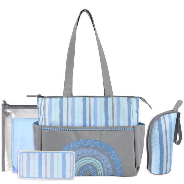 Baby Essentials Diaper Bag Tote 5-Piece Set - Blue Rainbow Themed