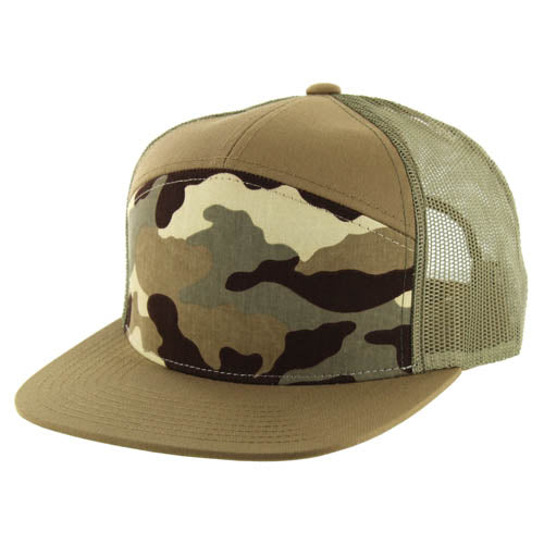 KAMEL 707 100% WASHED CAMO 7 Panel Flat  Adjustable Snapback Mesh Trucker Cap