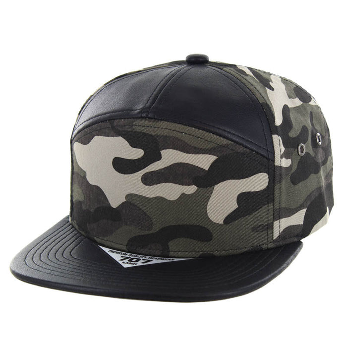 Kamel 707 7 panel PU Leather Camo Flat Adustable SnapBack Hat