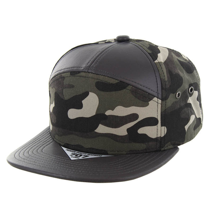 Kamel 707 7 panel PU Leather Camo Flat Adustable SnapBack Hat