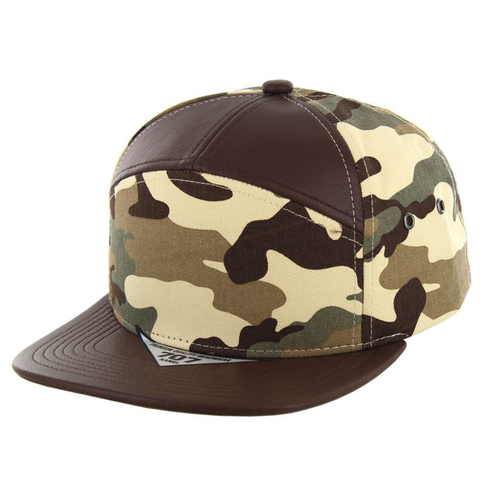 Kamel 707 7 panel PU Leather Camo Flat Adustable SnapBack Hat