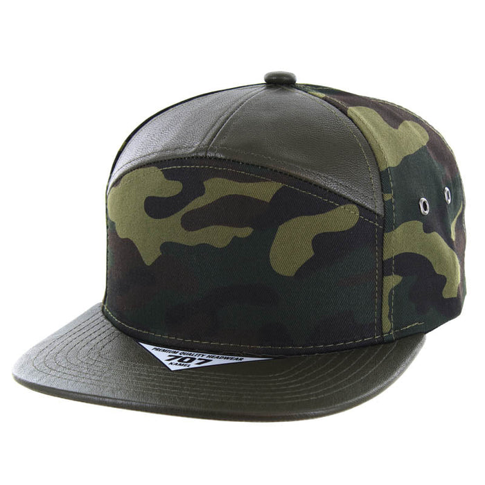 Kamel 707 7 panel PU Leather Camo Flat Adustable SnapBack Hat